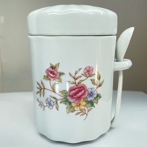 VINTAGE CANISTER W/ SPOON FLORAL CERAMIC FTDA 1988 SUGAR TEA COFFEE RUBBER SEAL